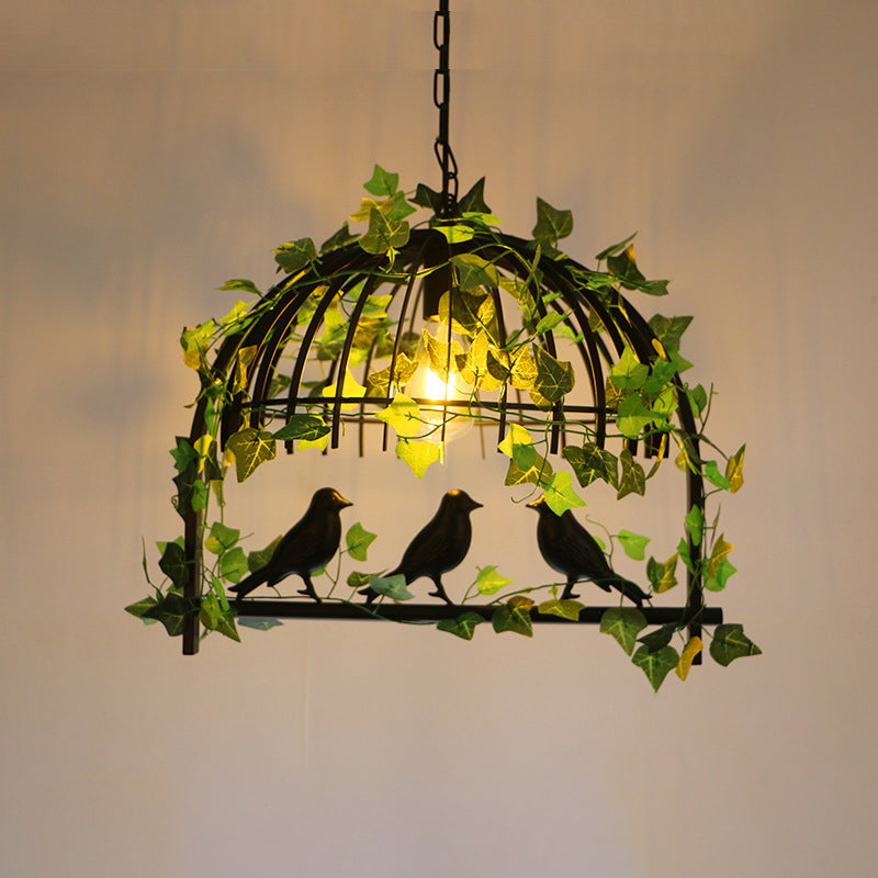 Iron Birdcage Suspension Light Antique Restaurant Island Chandelier Light with Artificial Ivy in Green