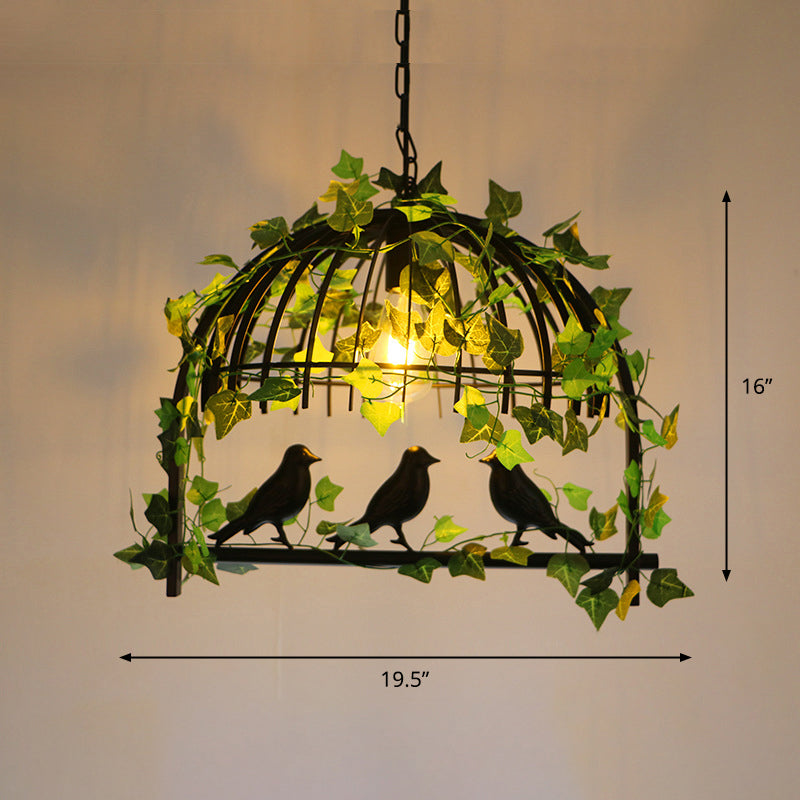 Iron Birdcage Suspension Light Antique Restaurant Island Chandelier Light with Artificial Ivy in Green