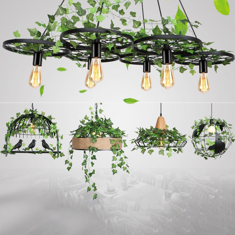 Green Ceiling Light Rustic Metal Wagon Wheel Hanging Lamp with Ivy Decor for Restaurant