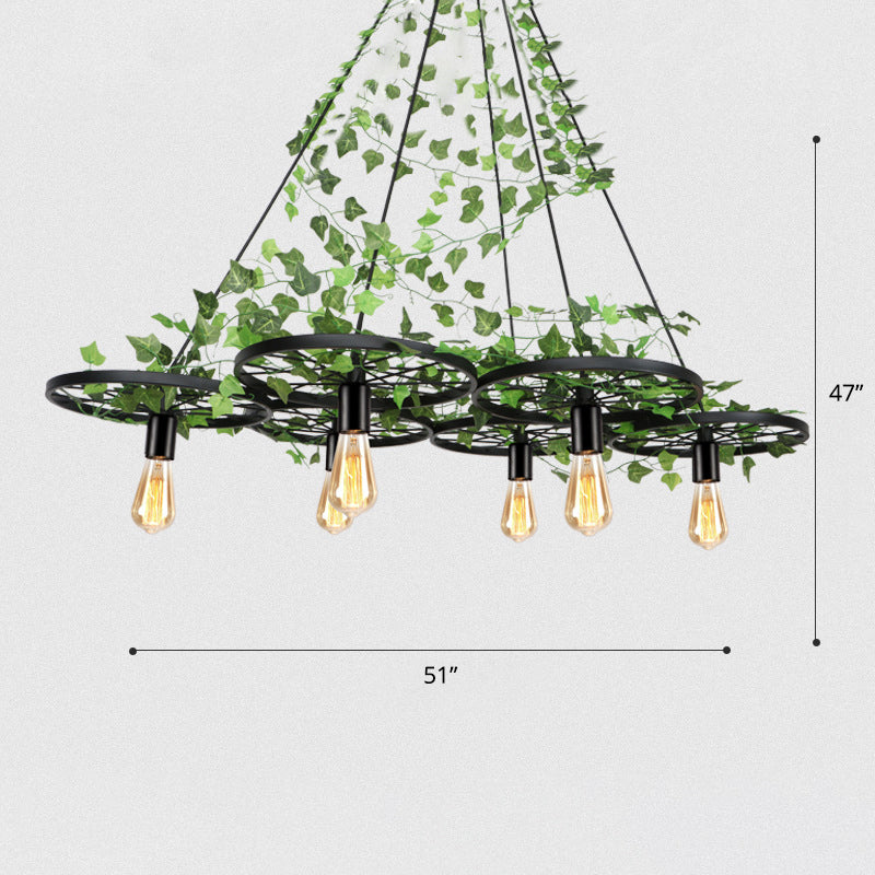 Green Ceiling Light Rustic Metal Wagon Wheel Hanging Lamp with Ivy Decor for Restaurant