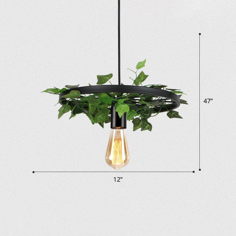 Green Ceiling Light Rustic Metal Wagon Wheel Hanging Lamp with Ivy Decor for Restaurant