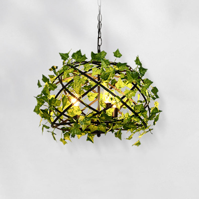 Metal Bird Nest Hanging Light Rustic 4 Bulbs Restaurant Pendant Light with Ivy Decor in Green