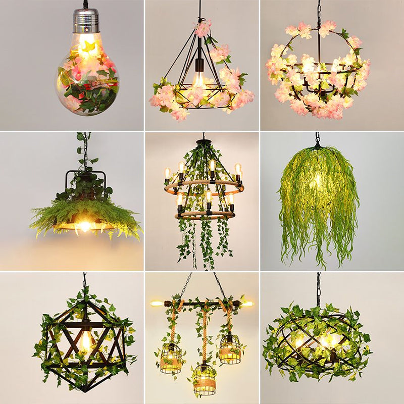 Metal Bird Nest Hanging Light Rustic 4 Bulbs Restaurant Pendant Light with Ivy Decor in Green