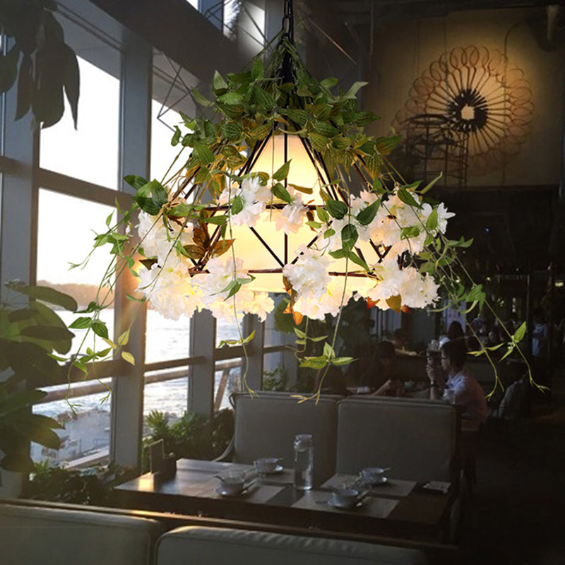 Iluminación de suspensión de una sola de una sola bomba verde jaula de jaula caza de techo de jaula con flor artificial