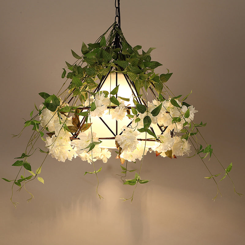 Green Single-Bulb Suspension Lighting Retro Iron Conical Cage Pendant Ceiling Light with Artificial Flower