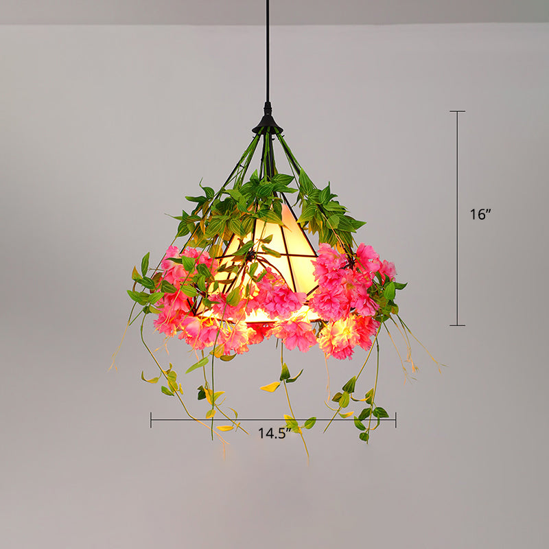 Industrial Framed Ceiling Light Metallic Hanging Pendant Light with Plant Decor for Restaurant