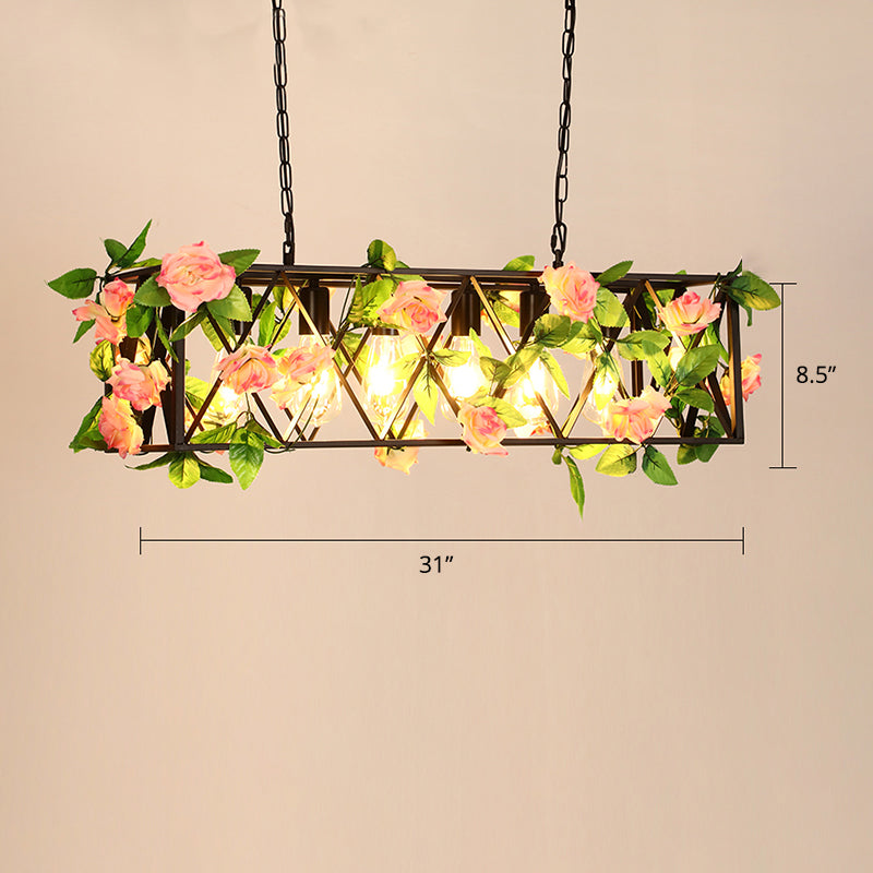 Industrial Framed Ceiling Light Metallic Hanging Pendant Light with Plant Decor for Restaurant