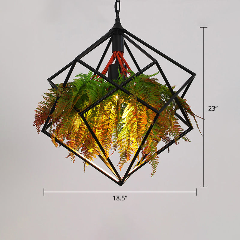 Industrial Framed Ceiling Light Metallic Hanging Pendant Light with Plant Decor for Restaurant