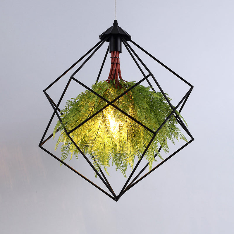 Caged Iron Plant Hanging Lamp Vintage Single-Bulb Restaurant Lighting Pendant in Green