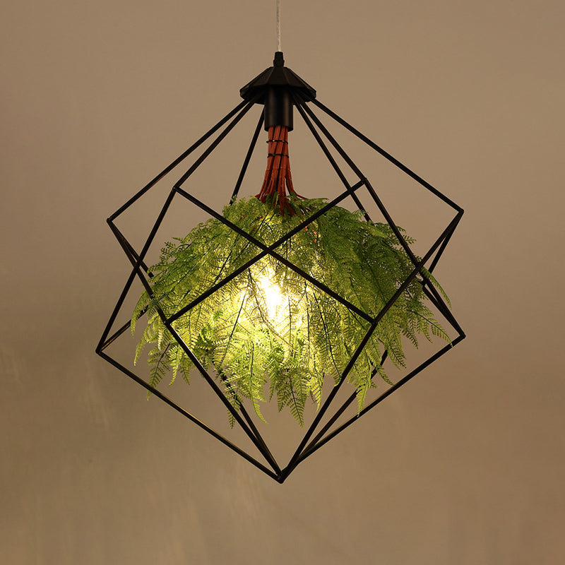 Caged Iron Plant Hanging Lamp Vintage Single-Bulb Restaurant Lighting Pendant in Green