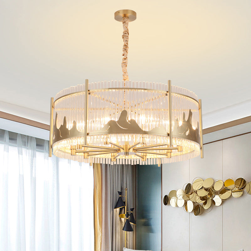 Round Chandelier Lamp Traditional Prismatic Glass 10-Light Gold Ceiling Pendant Light with Mountain Pattern