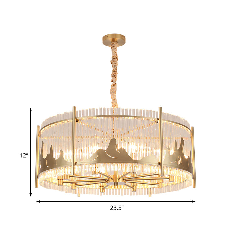 Round Chandelier Lamp Traditional Prismatic Glass 10-Light Gold Ceiling Pendant Light with Mountain Pattern