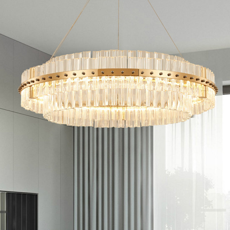 19.5" Dia 2-Tiered Chandelier Contemporary Crystal LED Gold Hanging Ceiling Light with Adjustable Hanging Cords