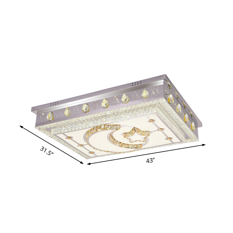 Cuboid Living Room Flush Ceiling Light Modern Crystal LED Chrome Ceiling Mounted Fixture with Star and Crescent Pattern