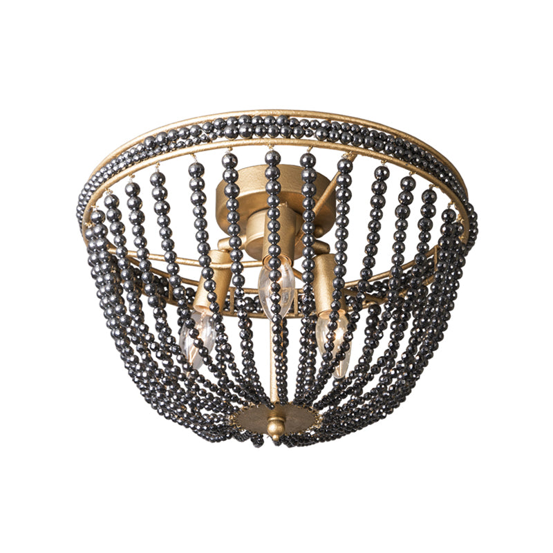 Traditional Beaded Black Crystal Flush Mount 3 Lights Bedroom Ceiling Lamp in Brass