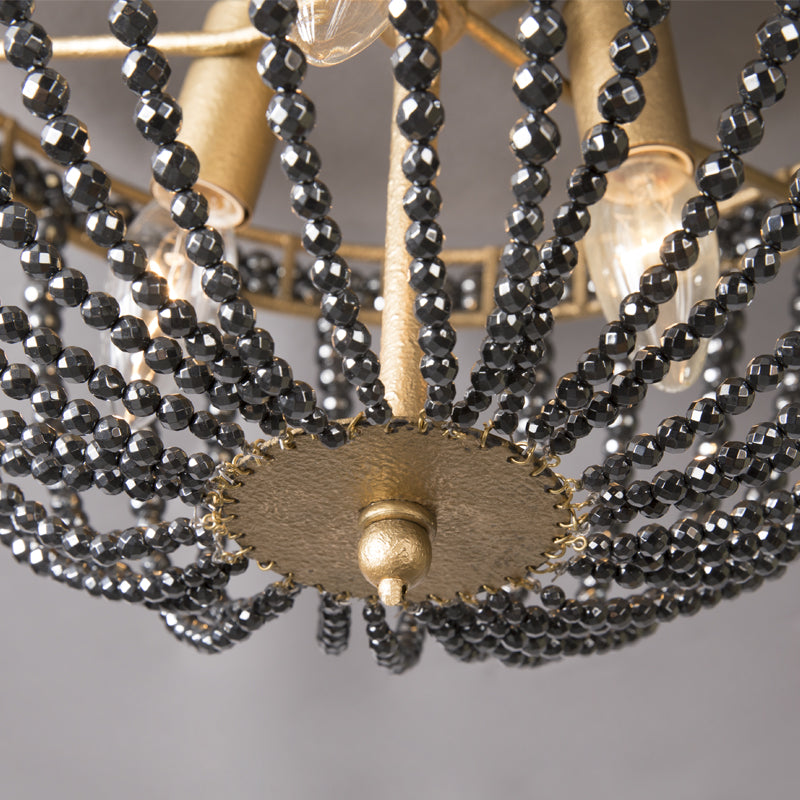 Traditional Beaded Black Crystal Flush Mount 3 Lights Bedroom Ceiling Lamp in Brass