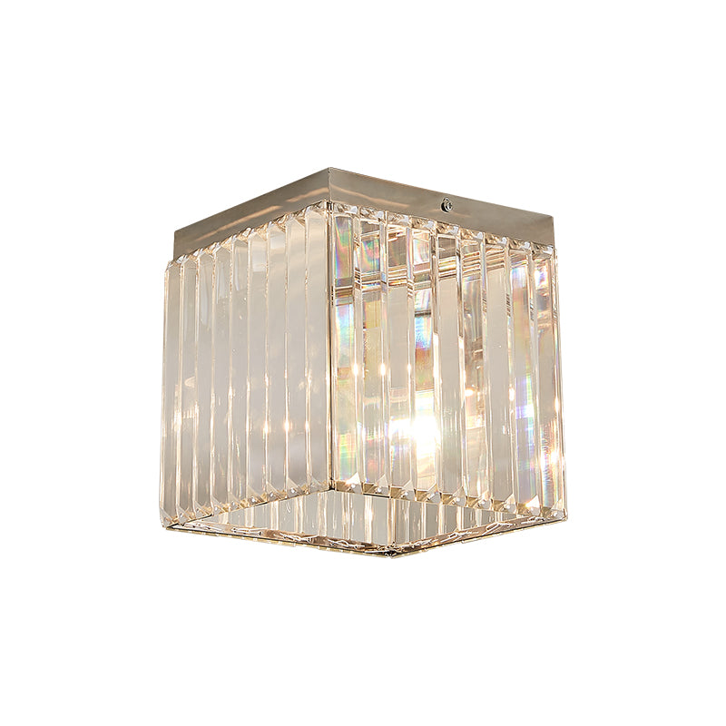 Minimal 1-Light Mini Flush Ceiling Light Silver Cuboid Crystal Flushmount Lighting