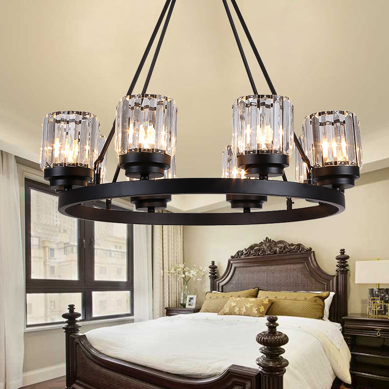 3/6/8 Lights Bedroom Chandelier Lighting Contemporary Black Hanging Light Kit with Cylindrical Crystal Shade