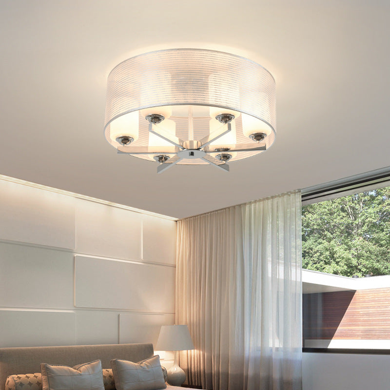 6 Lichten Drum Flush Light Fixture Traditionele Witte Stof Plafond Mount voor Woonkamer