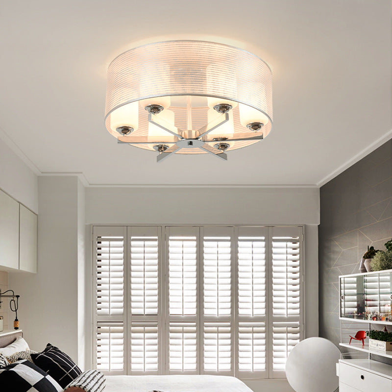 Luminaire encastré à tambour à 6 lumières, support de plafond traditionnel en tissu blanc pour le salon