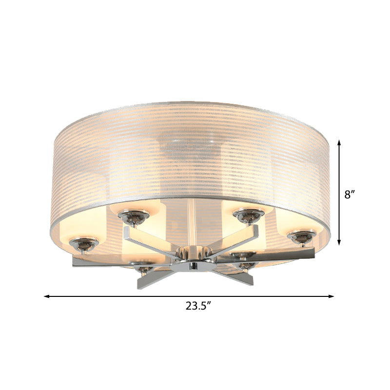 Lámpara empotrada en tambor de 6 luces, soporte de techo de tela blanca tradicional para sala de estar