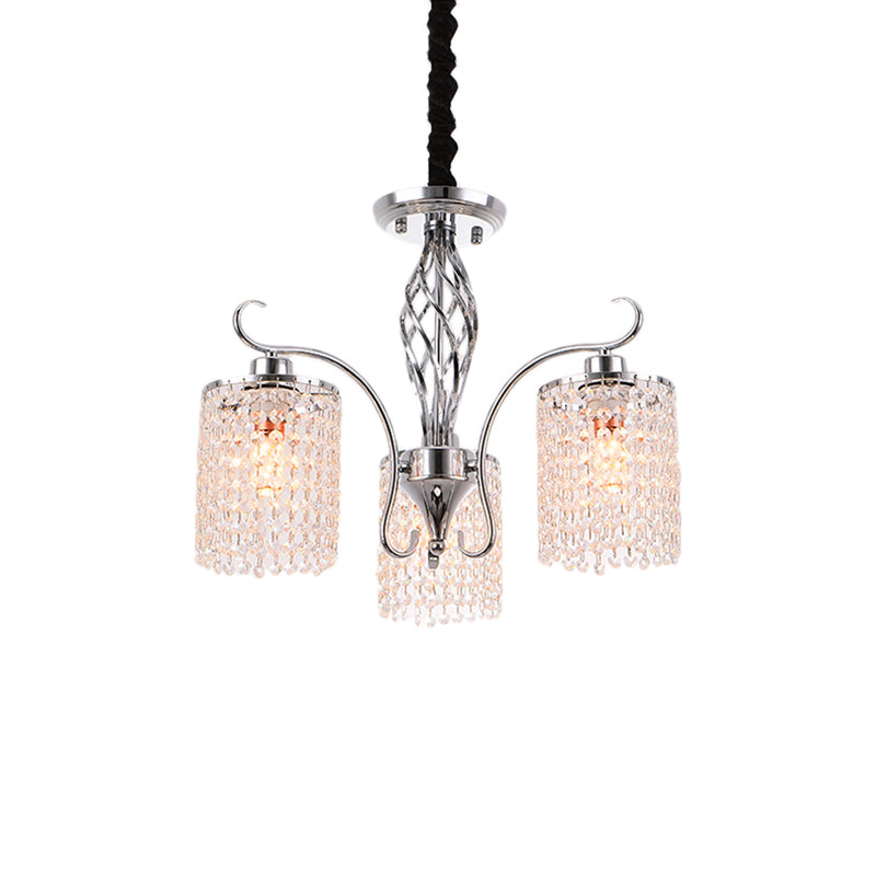 Contemporary Cylinder Chandelier Pendant Light Crystal 3/5 Lights Hanging Ceiling Light in Chrome for Living Room