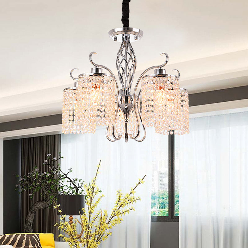 Contemporary Cylinder Chandelier Pendant Light Crystal 3/5 Lights Hanging Ceiling Light in Chrome for Living Room