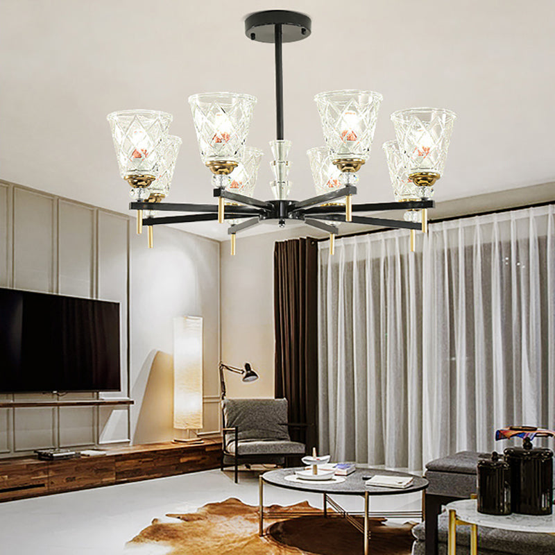 3/6/8 Lights Cone Chandelier Lighting Contemporary Crystal Hanging Ceiling Light in Black for Bedroom