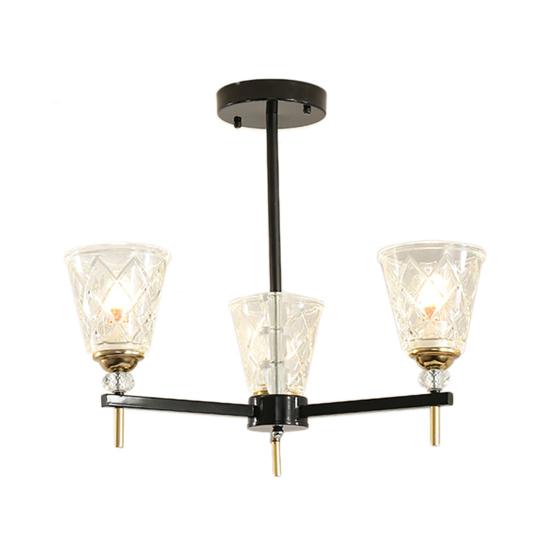 3/6/8 Lights Cone Chandelier Lighting Contemporary Crystal Hanging Ceiling Light in Black for Bedroom