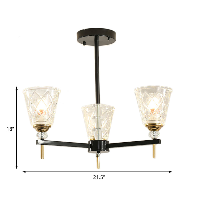 3/6/8 Lights Cone Chandelier Lighting Contemporary Crystal Hanging Ceiling Light in Black for Bedroom