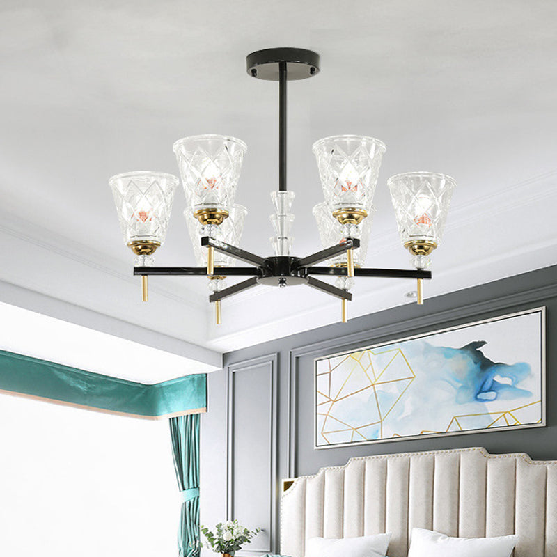 3/6/8 Lights Cone Chandelier Lighting Contemporary Crystal Hanging Ceiling Light in Black for Bedroom