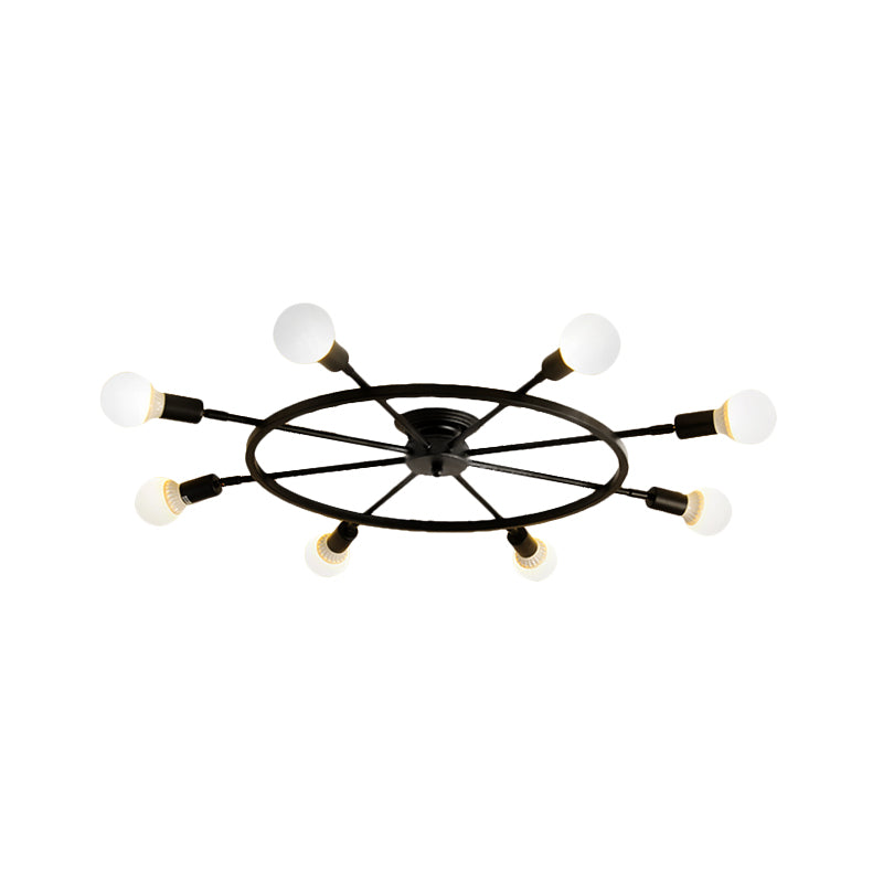 Black Wheel Semi Flush Light Traditional Metal 8 Lights Living Room Ceiling Mounted Fixture