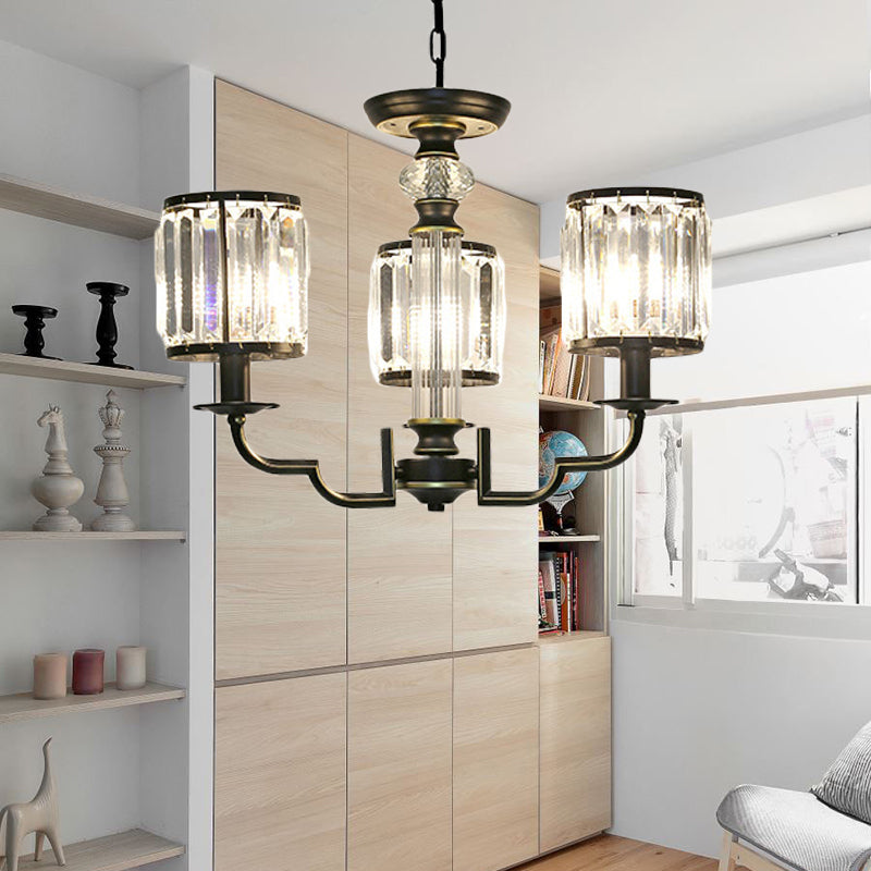 Black Cylinder Chandelier Contemporary Crystal 3/6 Lights Hanging Pendant Light with Adjustable Chain