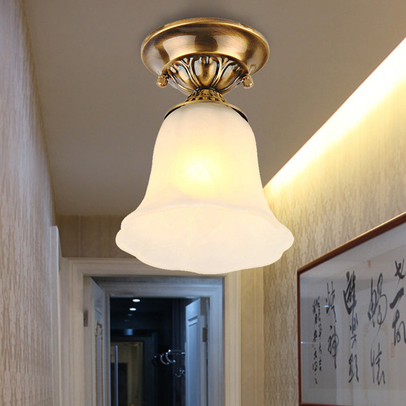 1 Licht Wit Glas Plafondlamp Fixture Klassieke Messing Bell Woonkamer Flush Mount