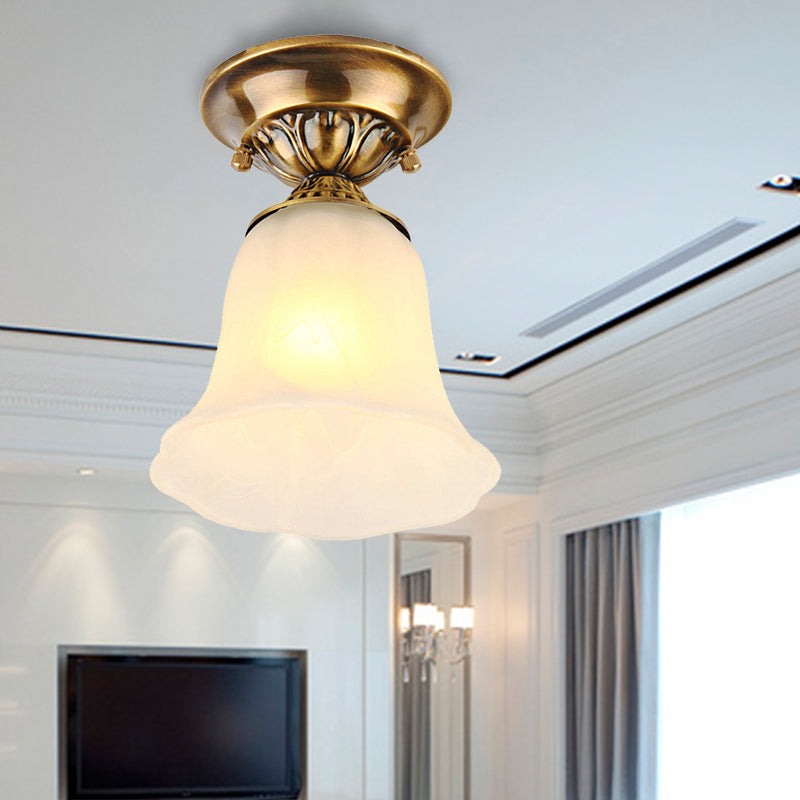 1 Light White Glass Ceiling Light Fixture Classic Brass Bell Living Room Flush Mount