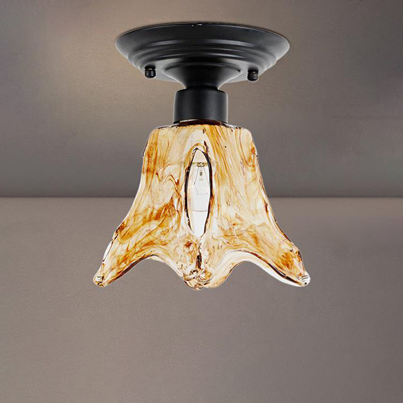 Black Flower Shape Flush Mount Lamp Classic Tan Textured Glass 1 Light Living Room Ceiling Light Fixture