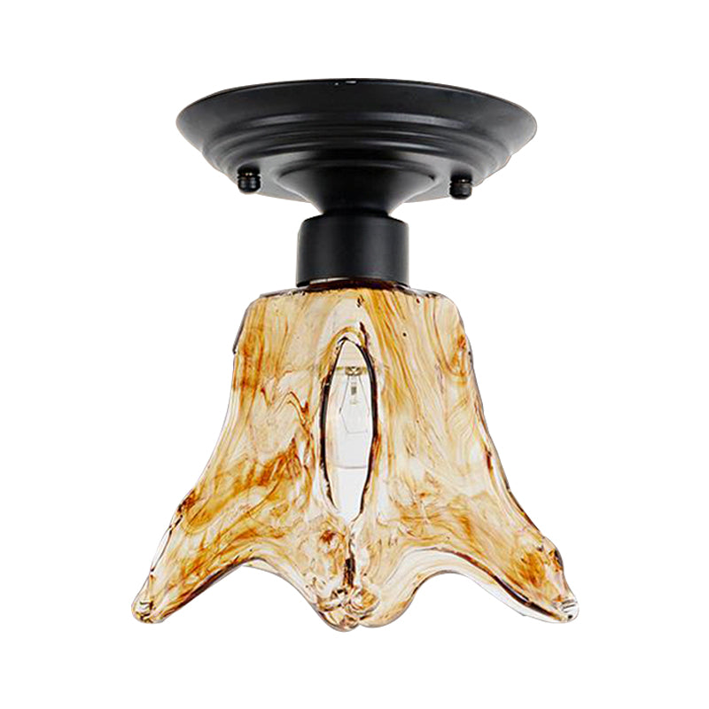 Black Flower Shape Flush Montaggio Lampada Classic Tan Texture Glass 1 Light Living Room Massimale Light Fixture