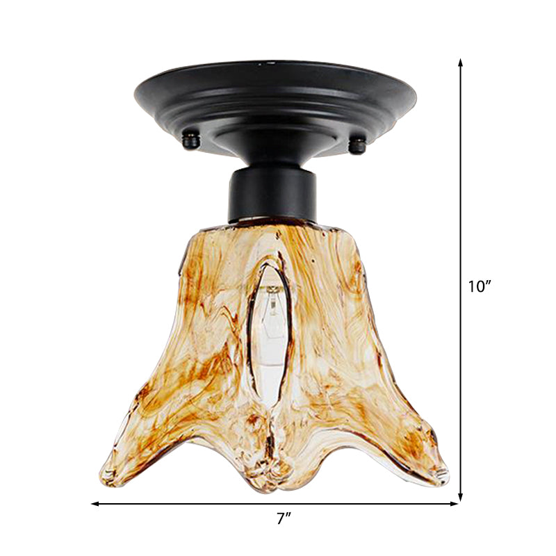 Black Flower Shape Flush Mount Lamp Classic Tan Textured Glass 1 Light Living Room Ceiling Light Fixture