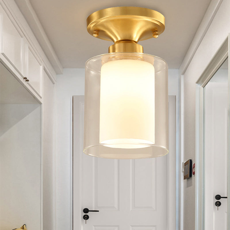 Gold Cylinder Flush Mount Lamp Classic Clear Glass 1 Light Living Room Ceiling Light Fixture