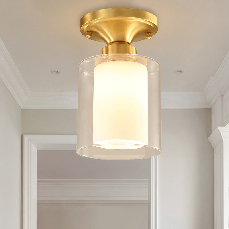 Gold Cylinder Flush Mount Lamp Classic Clear Glass 1 Light Living Room Ceiling Light Fixture