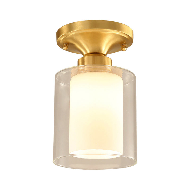 Gold Cylinder Flush Mount Lamp Classic Clear Glass 1 Light Living Room Ceiling Light Fixture