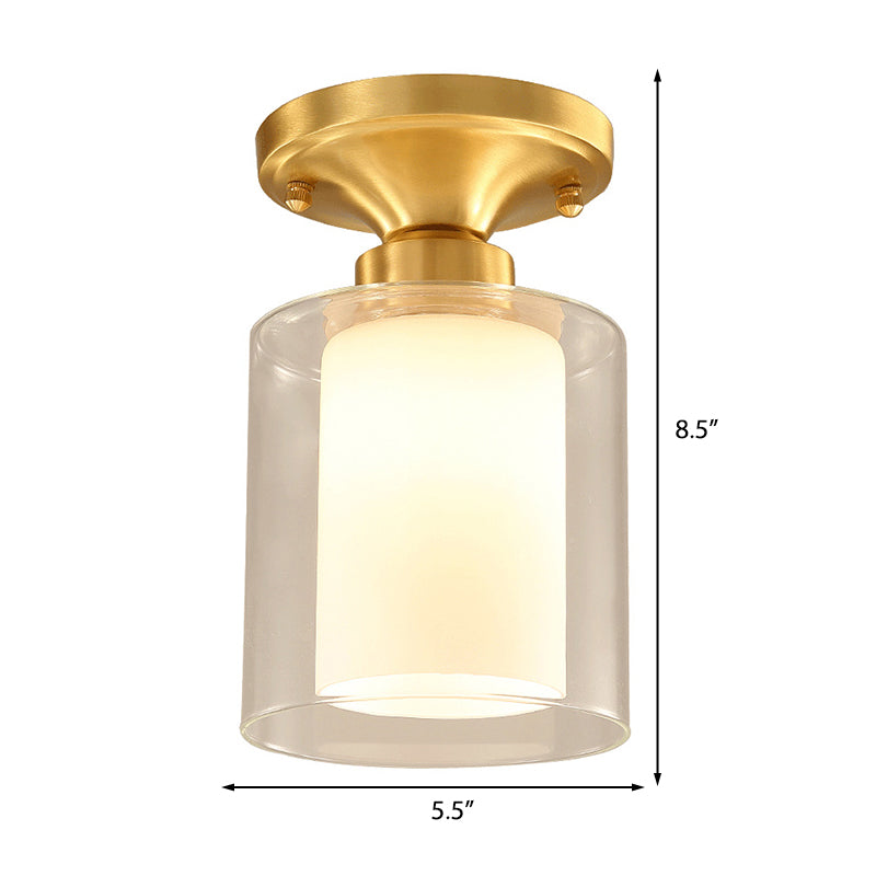 Gold Cylinder Flush Mount Lamp Classic Clear Glass 1 Light Living Room Ceiling Light Fixture