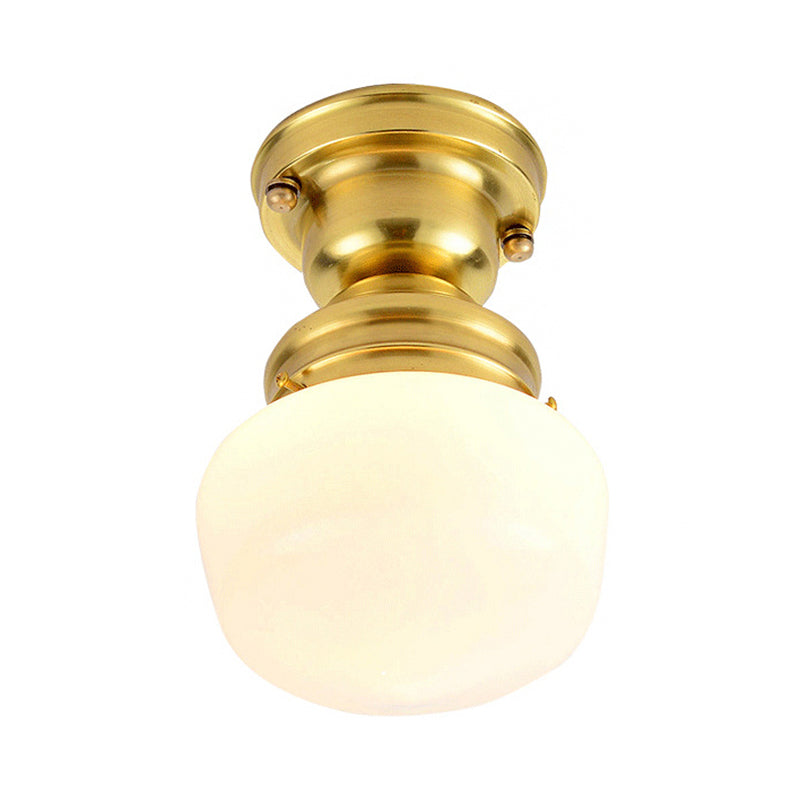 Round White Glass Flush Mount Lamp Classic 1 Light Living Room Ceiling Lighting in Brass