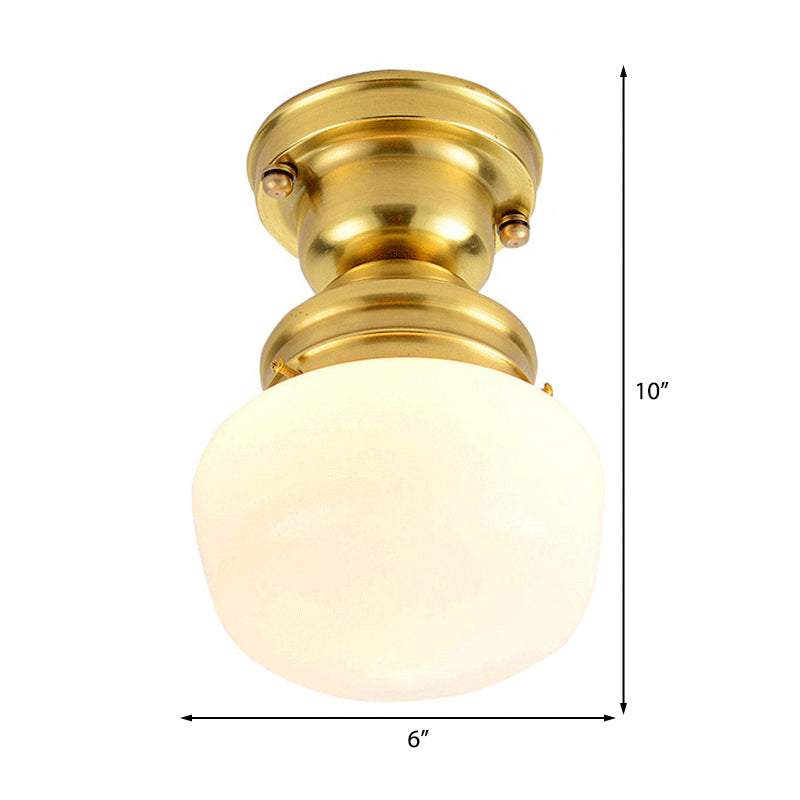 Round White Glass Flush Mount Lamp Classic 1 Light Living Room Ceiling Lighting in Brass