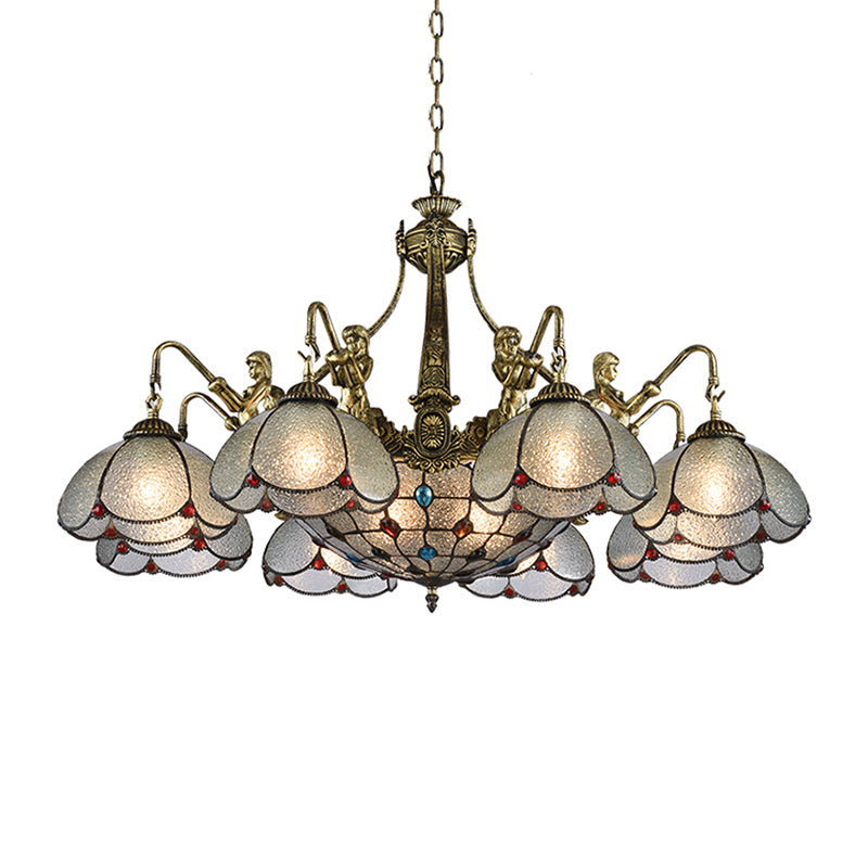 Bronze Scalloped Flower Chandelier Light Tiffany Style Ripple Glass Pendant Light Fixture