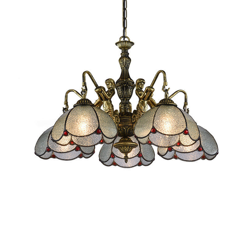 Bronze Scalloped Flower Chandelier Light Tiffany Style Ripple Glass Pendant Light Fixture