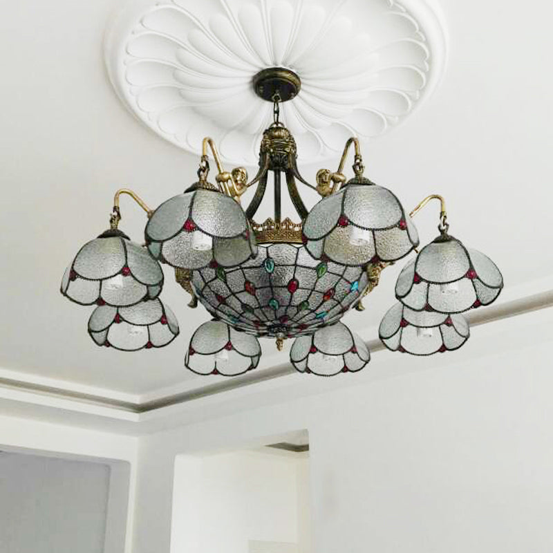 Bronze Scalloped Flower Chandelier Light Tiffany Style Ripple Glass Pendant Light Fixture