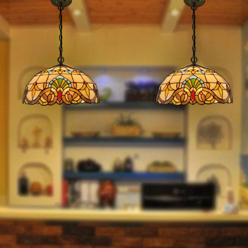 2 Heads Chandelier Pendant Light Retro Style Bowl Stained Glass Hanging Light in Beige