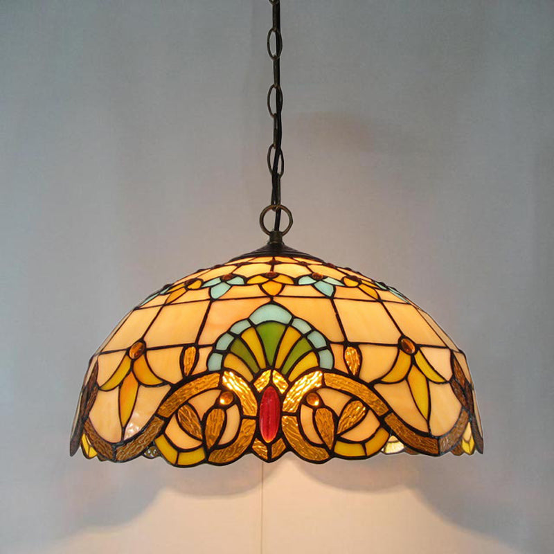 2 Heads Chandelier Pendant Light Retro Style Bowl Stained Glass Hanging Light in Beige