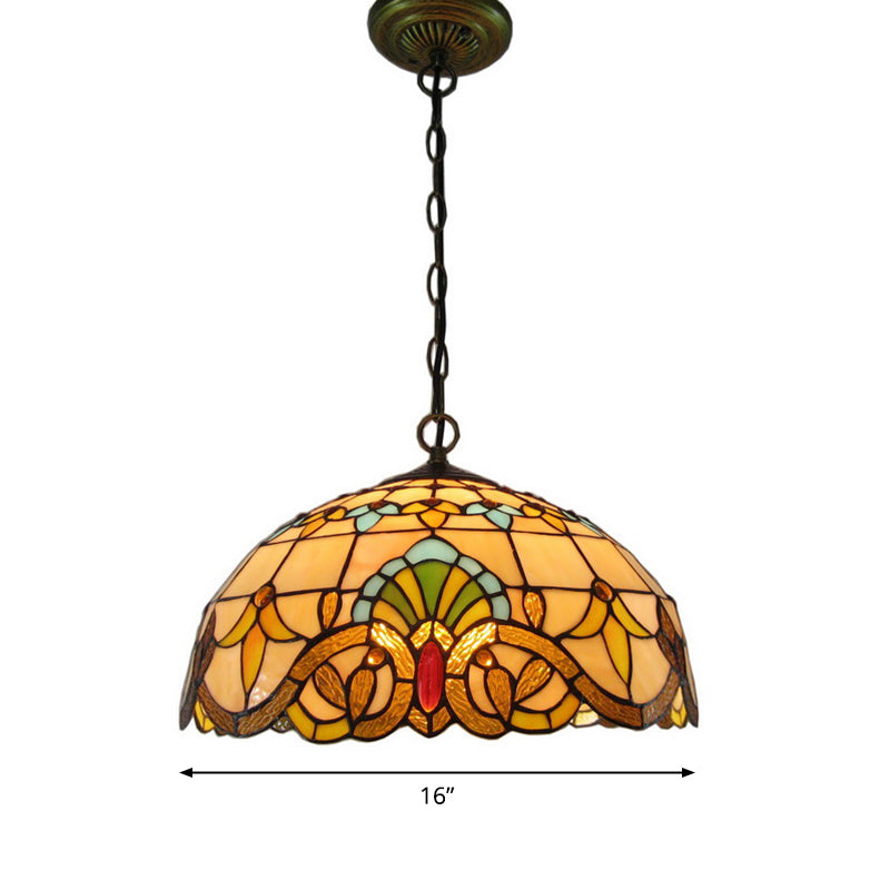 2 Heads Chandelier Pendant Light Retro Style Bowl Stained Glass Hanging Light in Beige